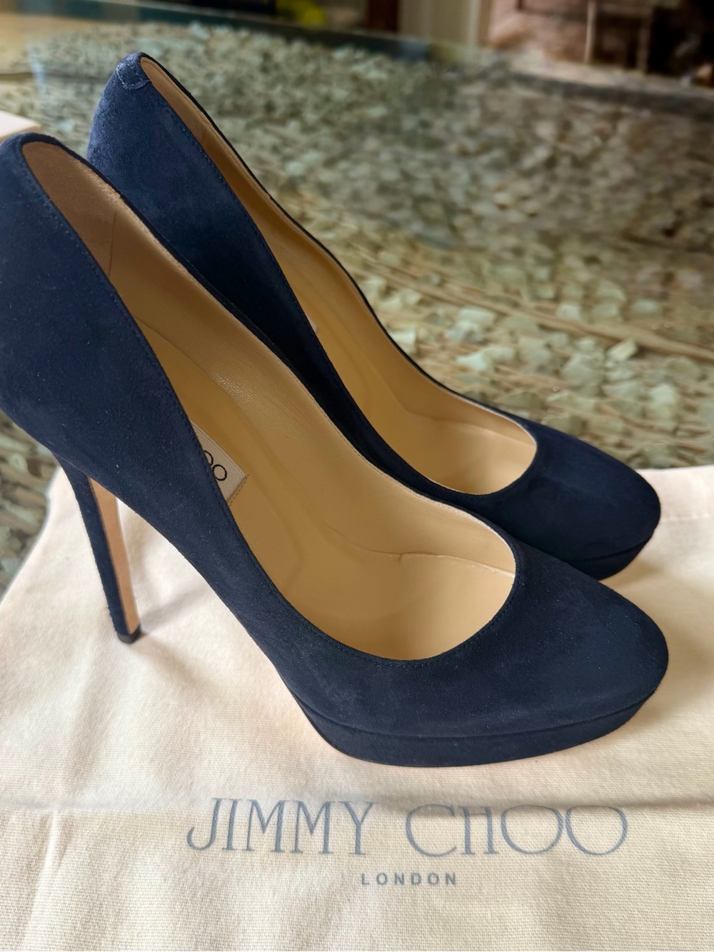 Jimmy Choo Navy Suede Platform Stiletto Pumps